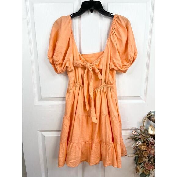 1STATE Orange Puff Sleeves Linen Blend Tiered Skirt Open Tie Back Dress Sz S - Picture 4 of 13